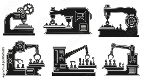 Robotic assembly machine set showcasing automated manufacturing processes for intricate objects, highlighting precision and efficiency in production lines