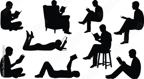 Set of Silhouettes of People Reading Books in Various Relaxed Poses Including Sitting, Lying Down, and on Chairs, Representing Education, Leisure, and Study Activities.