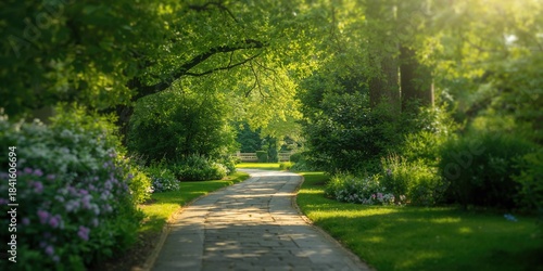 Fototapeta Naklejka Na Ścianę i Meble -  City park alley with lush summer foliage used as a natural background for text layouts