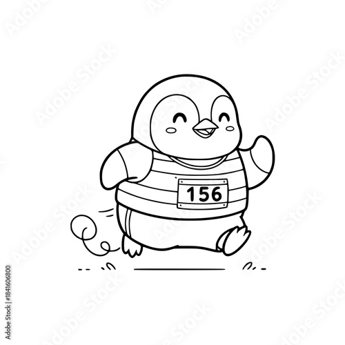 Cute Penguin Running Line Art. Kawaii Cartoon Black and White Vector Icon for Coloring Book, Sports Mascot, Fitness, Marathon, or Simple Active Design. Generative AI