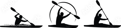 Set of Silhouettes of Kayakers or Canoers Paddling in Water, Showing Different Strokes and Poses, Representing Water Sports, Recreation, and Outdoor Adventure Activities.