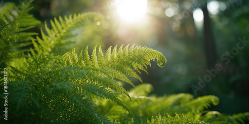 Fototapeta Naklejka Na Ścianę i Meble -  Close view of green bracken under summer sunlight emphasizing lush foliage for natural scenery backgrounds