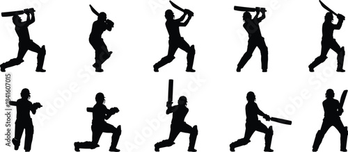 Set of Silhouettes of Cricket Batsmen in Various Batting Poses, Including Shots Like Drives and Pulls, Representing Sports, Competition, and Professional Athleticism in the Game.