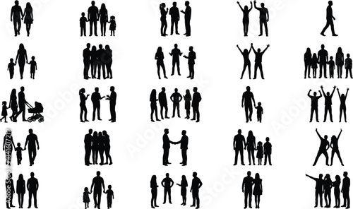 Collection of diverse family and group silhouettes showing communication, unity, parenting, teamwork, celebration, cooperation and everyday social interaction concepts