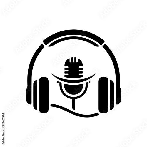 Black and white icon of headphones and a microphone representing audio and podcasting isolated on transparent background