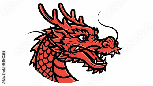 Vibrant red traditional Chinese dragon head illustration showcasing ancient power and mythical strength