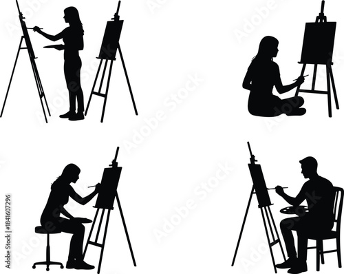 Vector Silhouettes of Artists Painting on Easels, Depicting Men and Women in Different Postures, Focused on Creative Art, Fine Arts, and Drawing Activities in a Studio.