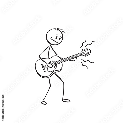 A happy stick figure drawing illustration of a person playing an acoustic guitar making music