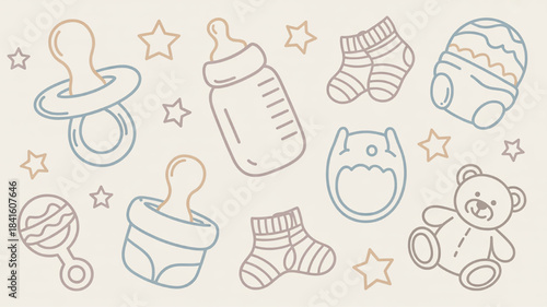 Collection of baby care icons including pacifier bottle socks and teddy bear in a cute line art style for nursery decor and baby shower invitations