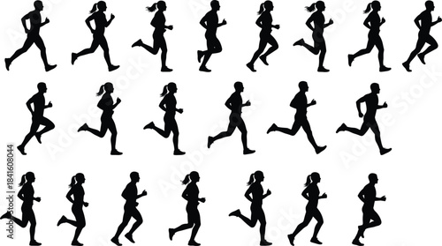 Continuous Action of People Running, Marathon Training and Fitness Race, Jogging Silhouettes Set, Vector Collection for Athletic and Healthy Lifestyle Design Elements.