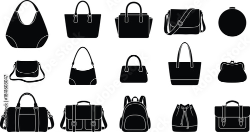 Collection of various handbag and backpack silhouettes in different styles, isolated on white background, representing fashion accessories, bags, purses, travel items, and modern design concepts