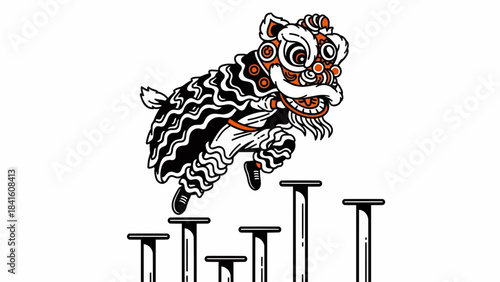 Traditional Chinese Lion Dance Performance on Poles Illustration for Cultural Celebrations