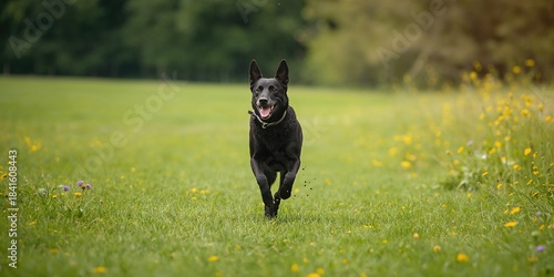Older black shepherd mix running across a field with all legs off the ground, agility at a dog park