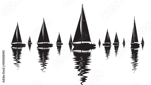 Black silhouettes of various sailboats and yacht boats with their abstract wavy reflections floating calmly on the water surface