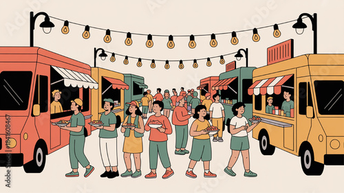 Diverse crowd enjoying street food from colorful trucks at an outdoor festival illustrated in a flat modern style with string lights overhead