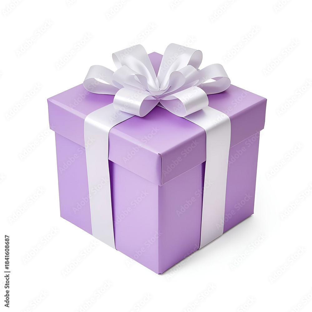 Obraz premium Pastel purple square gift box topped with white silky bow.