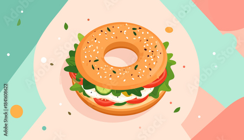 Delicious bagel sandwich illustration with fresh vegetables and creamy spread on a vibrant background.