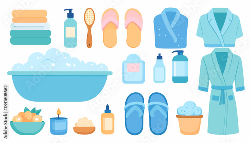 A collection of bath and spa items including a tub, towels, bathrobes, and toiletries for personal care.