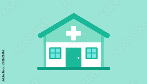 A flat design illustration of a hospital or clinic building with a cross on the roof, set against a teal background.