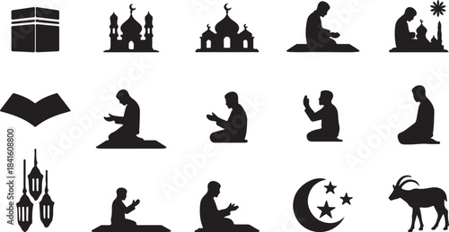 A collection of black silhouettes depicting Islamic architecture, prayer, and religious symbols on a white background.
