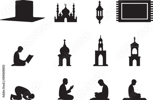A collection of black silhouettes depicting Islamic architecture, prayer, and religious symbols on a white background.