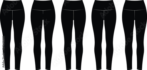 Black Yoga Leggings Set, High-Waisted Fitness Tights Vector Illustration Pack, Full-Length Athleisure Wear Mockup, Woman's Workout Apparel Template, Solid Sportswear Collection