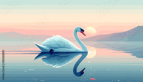 A majestic white swan gracefully glides on a tranquil lake at sunset, its reflection shimmering on the calm water under a pastel sky.