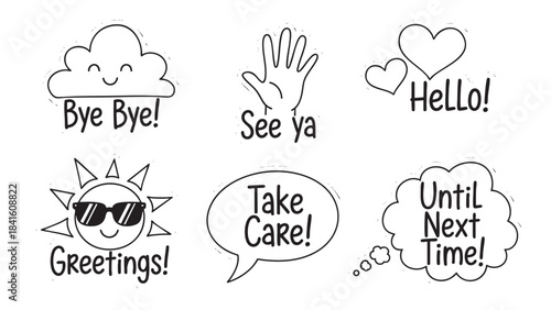 Charming handdrawn doodle collection of various greeting and farewell messages with cute characters on a white background