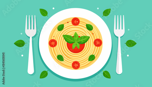 A plate of spaghetti with tomato sauce, cherry tomatoes, and fresh basil leaves, flanked by two forks on a teal background.