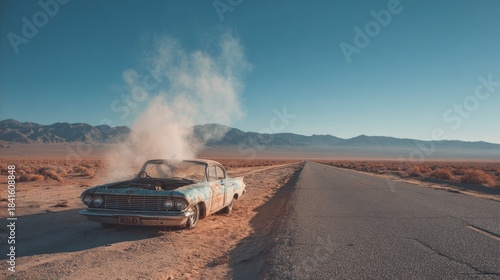 Abandoned Classic Car on a Dusty Desert Road Under Clear Blue Sky