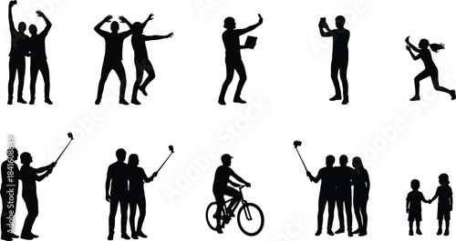 Silhouette Collection of People Interacting, Taking Selfies with Smartphone Sticks, Celebrating, and Cycling, Representing Modern Lifestyle, Group Activities, Happiness, Connection, and Active Life.