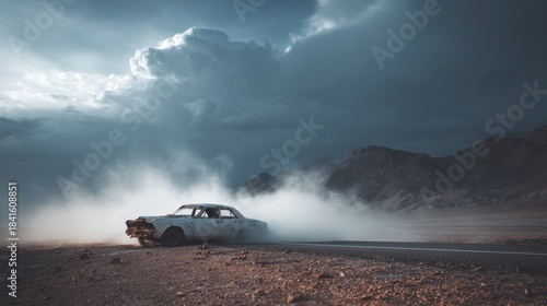Abandoned Classic Car Surrounded By Dust Under Dramatic Stormy Skies