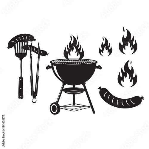 Classic outdoor barbecue grilling equipment and delicious sausages with flames vector icons perfect for summer cookouts