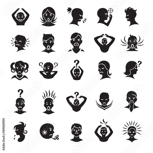 Collection of diverse human emotions and mental health issues illustrated with stress anger confusion fear and sadness people icons silhouettes