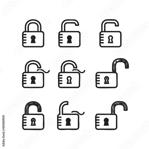 Collection of security padlock icons representing locked and unlocked states for digital protection concepts
