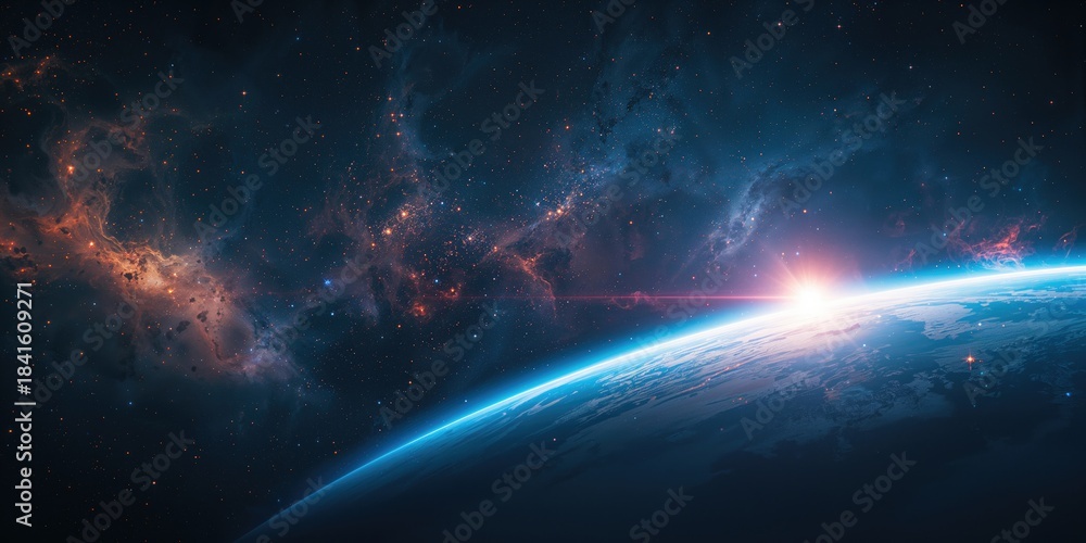 Fototapeta premium A 2d cosmic landscape featuring planets, moons, and stars, designed for science fiction space art backgrounds