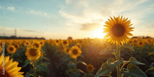Extensive sunflower landscape at dusk, highlights agricultural harvest season and natural beauty, summer awareness