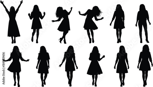 Collection of Dynamic Black Female Silhouettes Posing and Dancing in Short Dresses, Celebrating Joy, Fashion, Freedom, and Nightlife, Vector Set