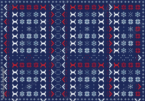 Seamless Geometric Pattern Inspired by Traditional Nordic Folk Art and Winter Motifs, Featuring Snowflakes and Stylized Shapes in a Rich Blue Palette