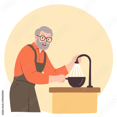Elderly man washing dishes. Senior cleaning kitchen sink. Older man doing household chores. Elderly maintaining cleanliness. Elderly set