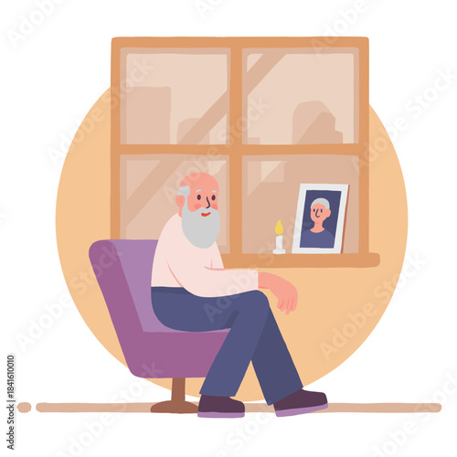 Elderly man with framed photo. Senior looking at old picture. Older man remembering loved ones. Elderly nostalgic moment at home. Elderly set