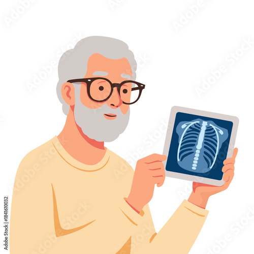 Elderly man holding x-ray. Senior showing chest x-ray. Doctor examining x-ray result. Older patient reviewing diagnosis. Elderly set