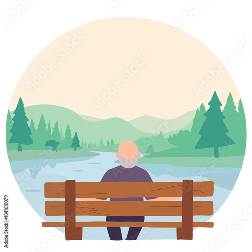 Elderly man near riverbank. Senior sitting by lake. Older man enjoying nature. Elderly hiker resting by water. Elderly set
