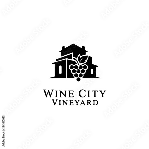 Black and white logo for wine city vineyard featuring a building silhouette and grape cluster graphic. isolated on transparent background