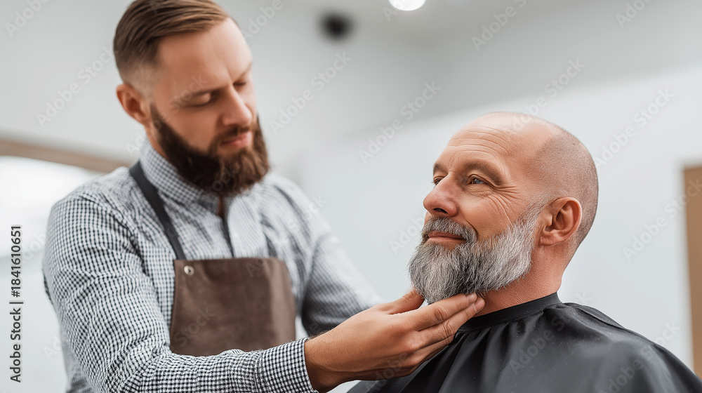 Fototapeta premium Barber examining groomed grey beard of a smiling senior man. Customers enjoying professional mens styling and beard care at salon