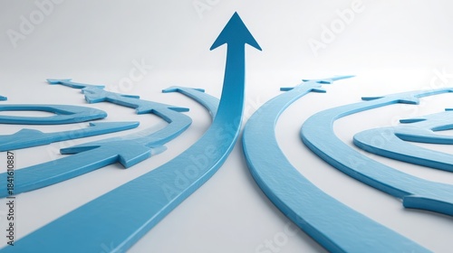 Multiple Blue Arrows Merging and Curving into a Single Upward Path