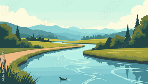 Curving rural lane beside gentle river in open valley