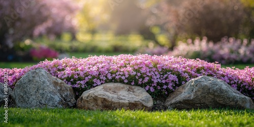 Large stones with thriving sedum and vibrant phlox subulata, creating a natural landscape feature, Earth Day