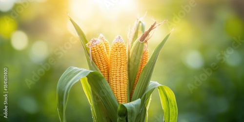 Fototapeta Naklejka Na Ścianę i Meble -  Fresh corn and organic fruits with green leaves, farm produce for healthy eating, summer, Earth Day