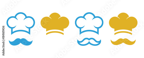 Set of four colorful chef hat and mustache icons, perfect for restaurant logos and cooking projects